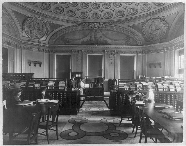 Desks and bookcases in the Library of Congress Prints Division reading room.
