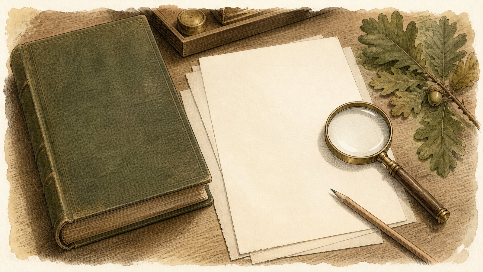 Original illustration of a ledger, blank papers, pencil, and magnifying glass.