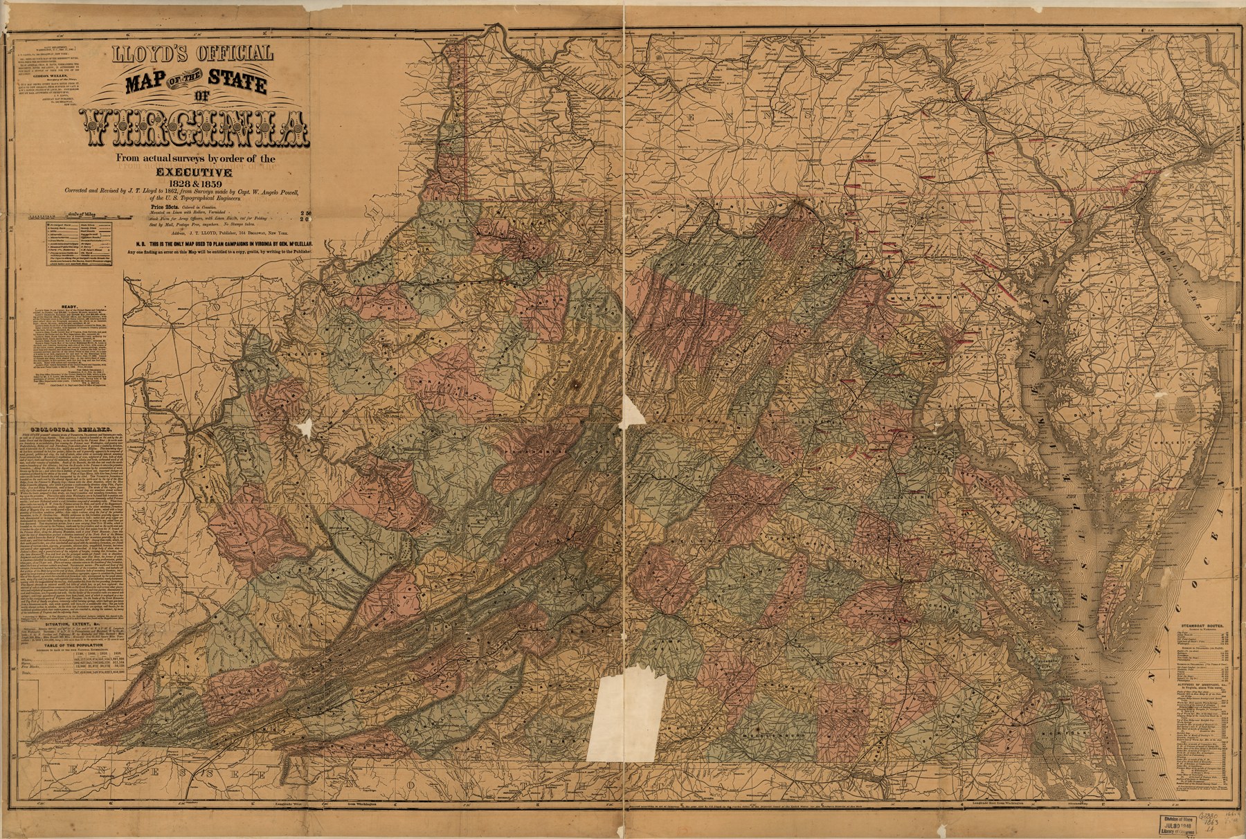 Historical printed map of Virginia with counties, towns, and transportation routes.