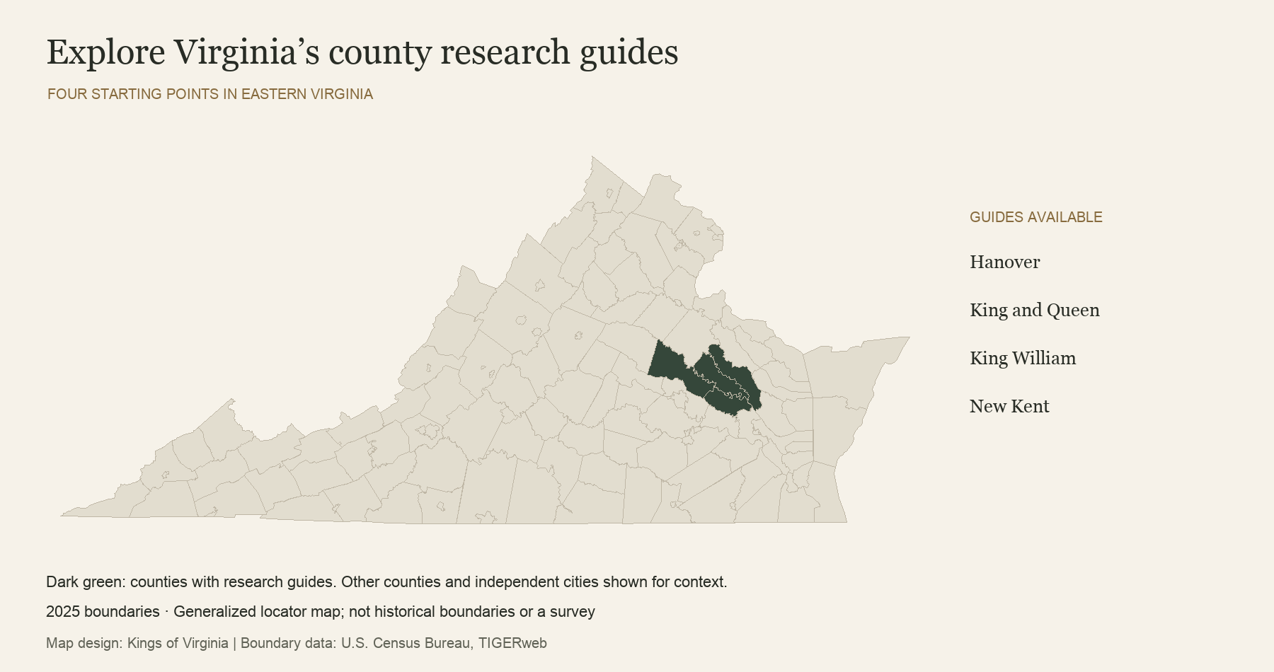 Virginia map highlighting Hanover, King and Queen, King William, and New Kent counties.