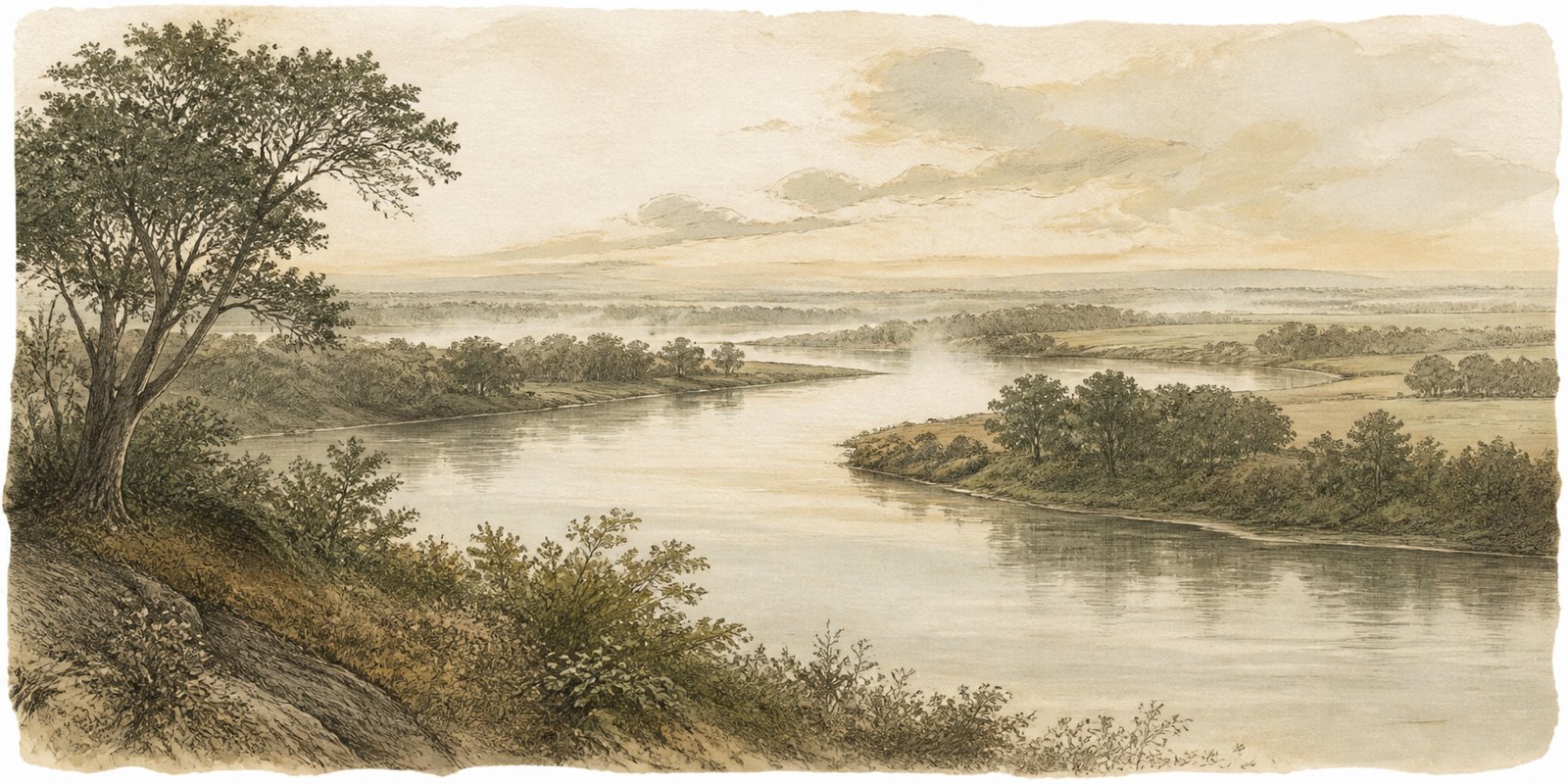 Original illustration of a winding river between wooded banks and distant fields.