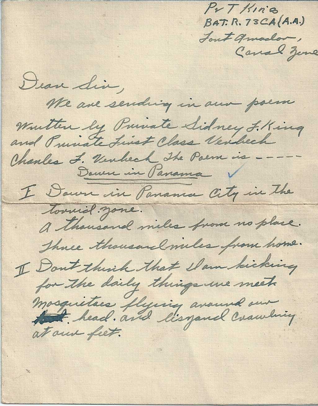 First handwritten page of Down in Panama, attributed to Private Sidney F. King and Private First Class Charles L. Verbeck at Fort Amador in the Canal Zone.