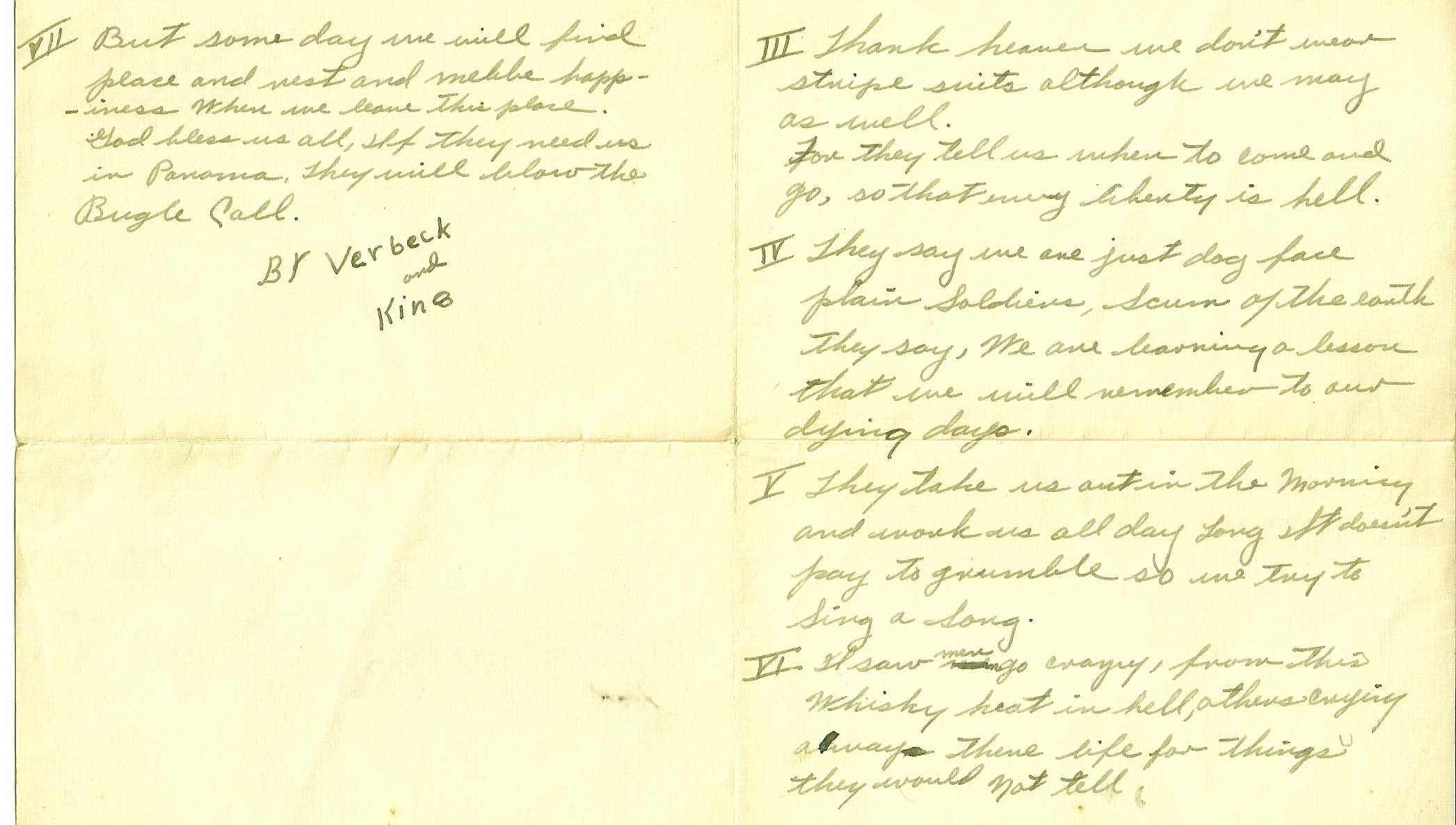 Second handwritten page of Down in Panama, signed By Verbeck and King.