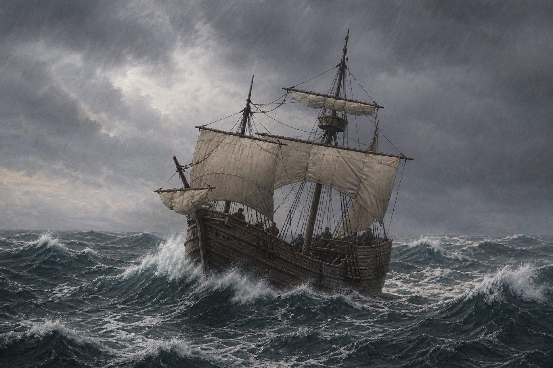 Representative illustration of a small early seventeenth-century English sailing vessel laboring through a severe Atlantic storm.