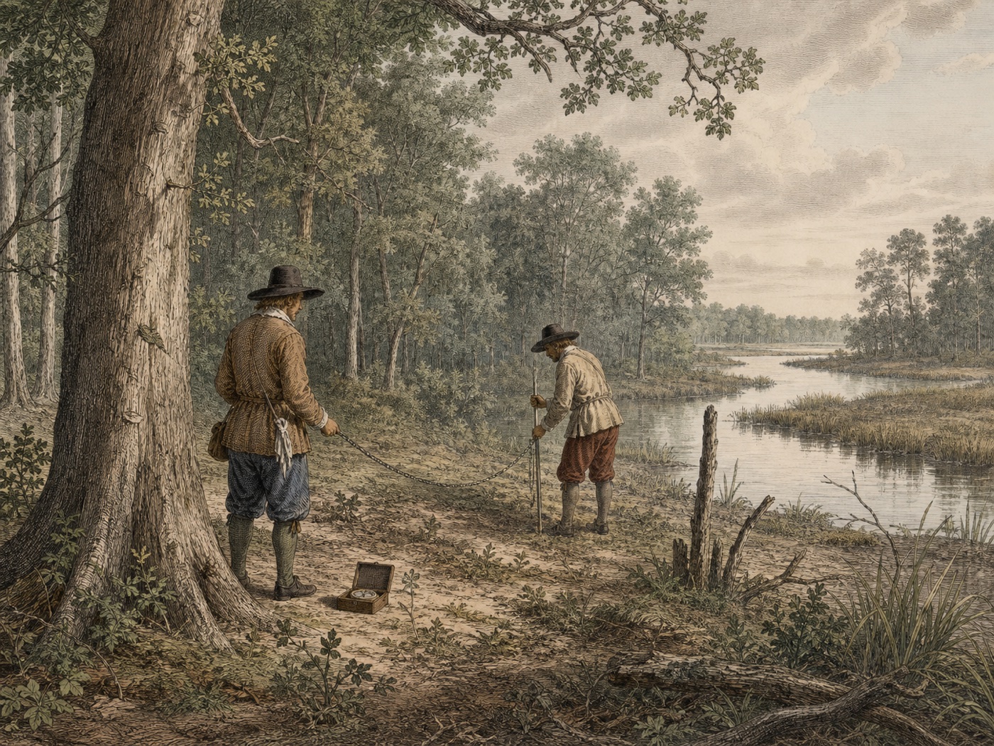 Representative illustration of two seventeenth-century survey workers measuring wooded land beside a Tidewater Virginia creek.