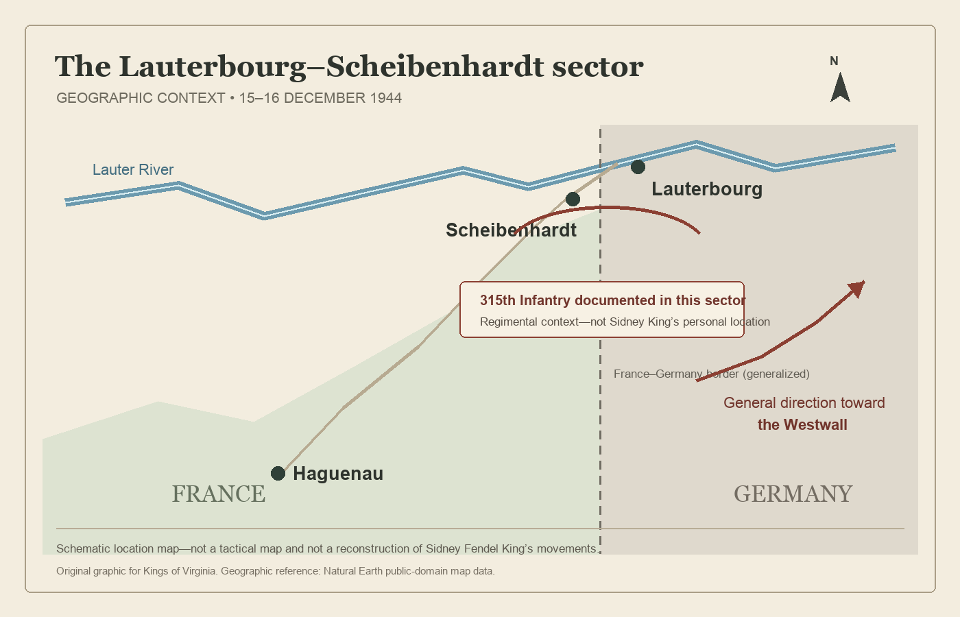 Schematic map of the Lauterbourg and Scheibenhardt sector showing Haguenau, the Lauter River, the France–Germany border, and the general direction toward the Westwall.